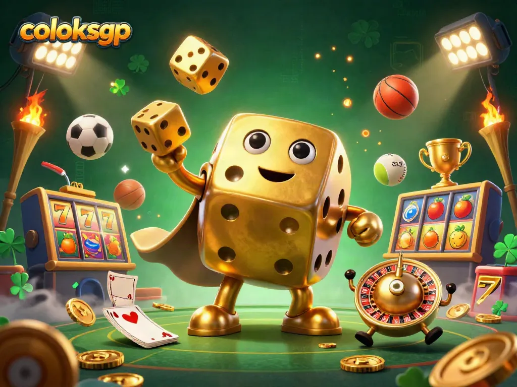 Permainan slot coloksgp yang menyenangkan dengan karakter koin emas, dadu, dan elemen berkilauan lainnya.