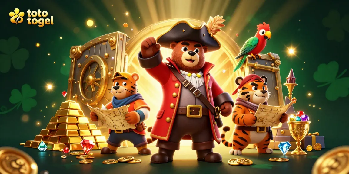Engage with thrilling toto togel action in a vibrant pirate-themed illustration filled with treasures.