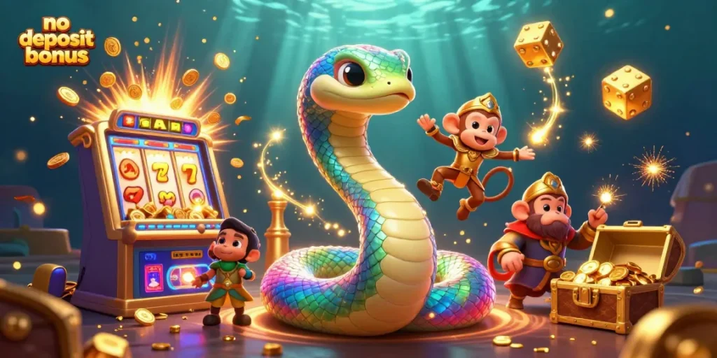 Experience the thrill with the no deposit bonus at vibrant online casinos featuring colorful characters and slot machines.