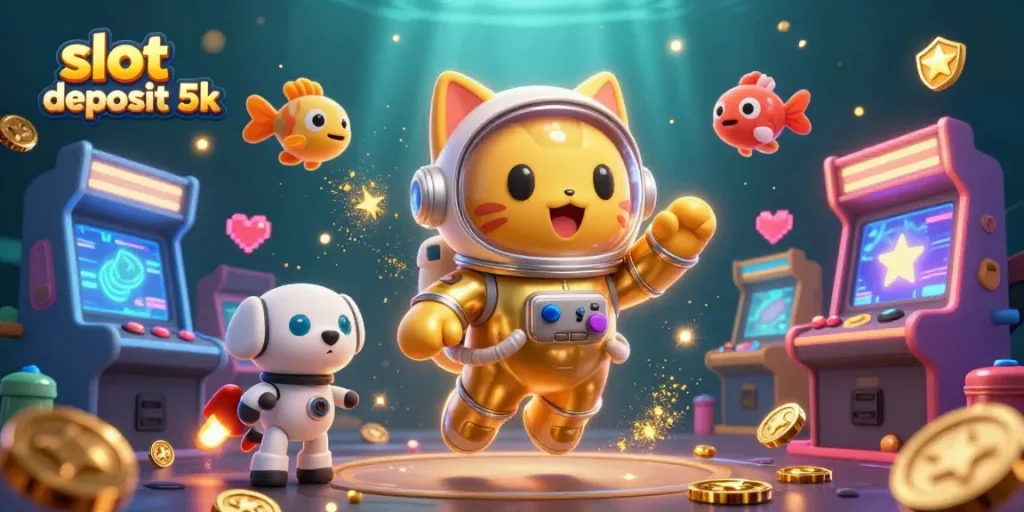 Permainan slot deposit 5k dengan cat astronot dan anjing robot, keseruan serta nuansa kasino yang menarik.