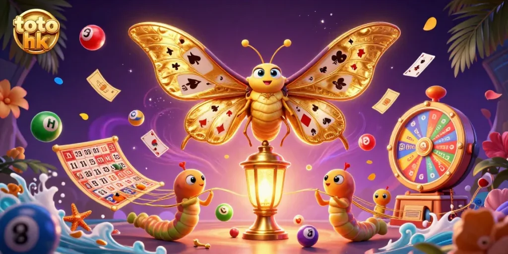 Permainan toto hk yang menarik dengan elemen lotere dan momen beruntung dalam ilustrasi 3D.