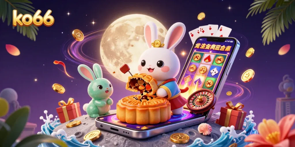 Spin and win at ko66 as the moon rabbit reveals poker chips while surrounded by slot games and casino elements.