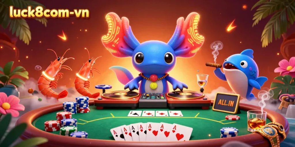 Experience thrilling gameplay with luck8com-vn featuring a vibrant axolotl DJ spinning poker excitement and underwater festivities.