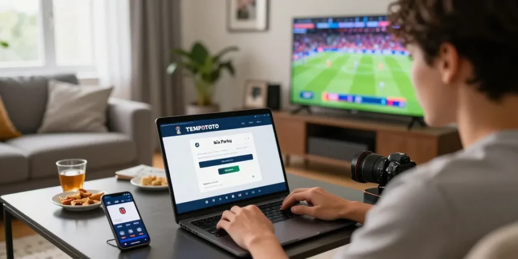 Excited user engaging with TEMPOTOTO login for Mix Parlay betting during 2026 World Cup, surrounded by sports memorabilia.
