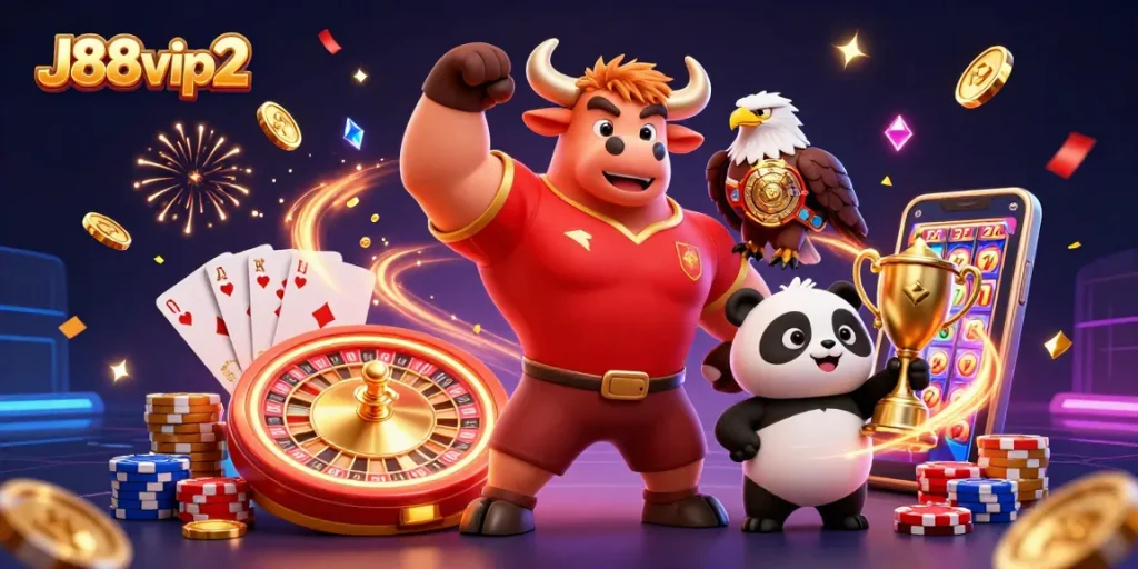 Engage with J88vip2 in a vibrant 3D scene celebrating casino winnings and excitement.