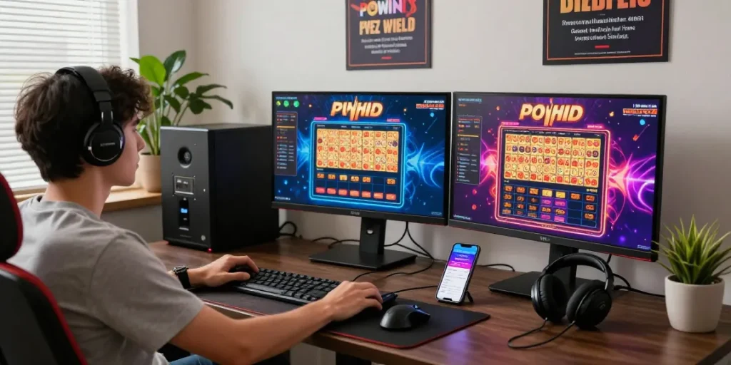 Player engaging with tempo toto lottery on multiple monitors, vibrant gaming accessories surrounding the setup.