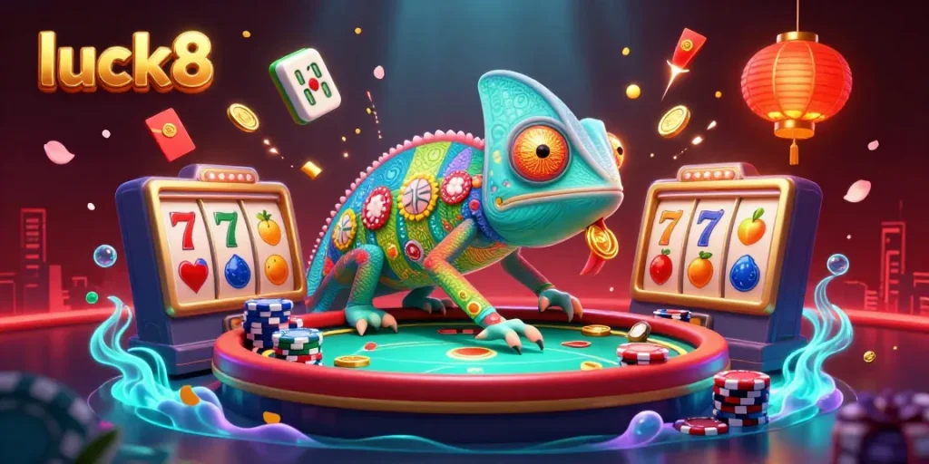 Experience thrilling gameplay with luck8’s enchanting chameleon casino owner amidst vibrant slot reels and dazzling game elements.