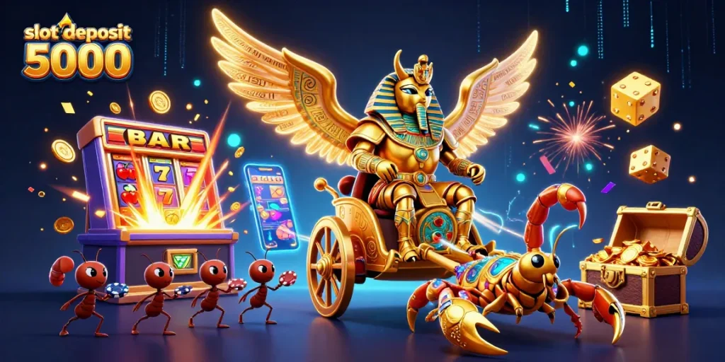 Experience excitement with slot deposit 5000 at an online casino featuring a jackpot scene.
