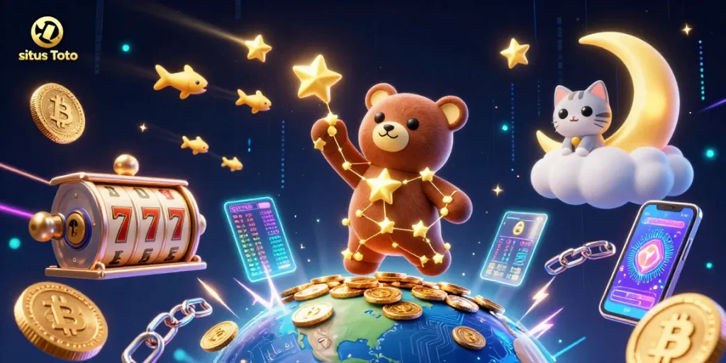 Experience exciting situs Toto gaming with golden star bear and vibrant slot symbols.